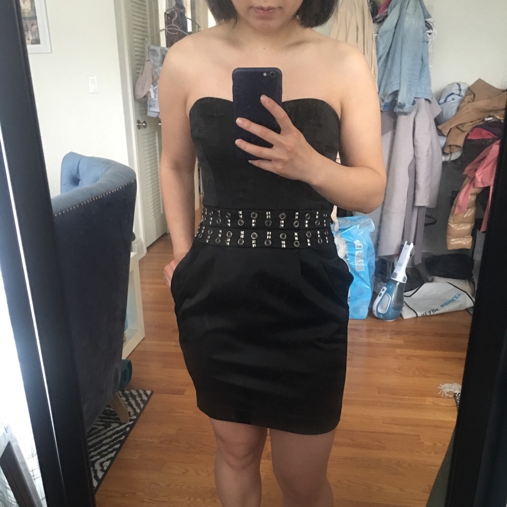 Bebe Satin Strapless Studded Waist Dress S